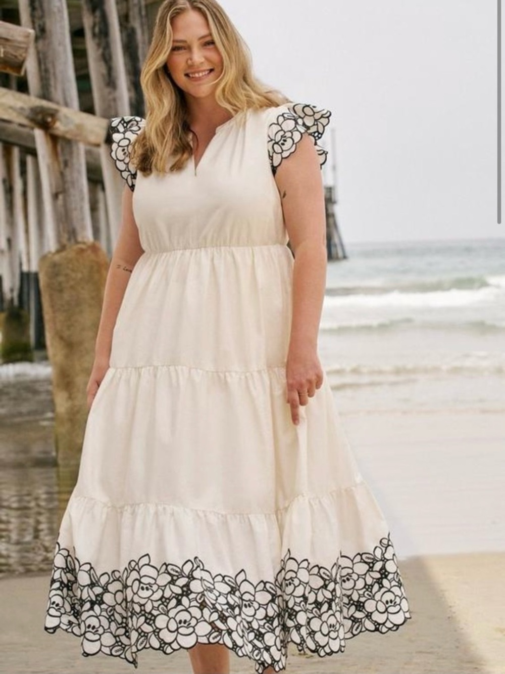 Cream Tiered Midi Dress with Black Floral Trim